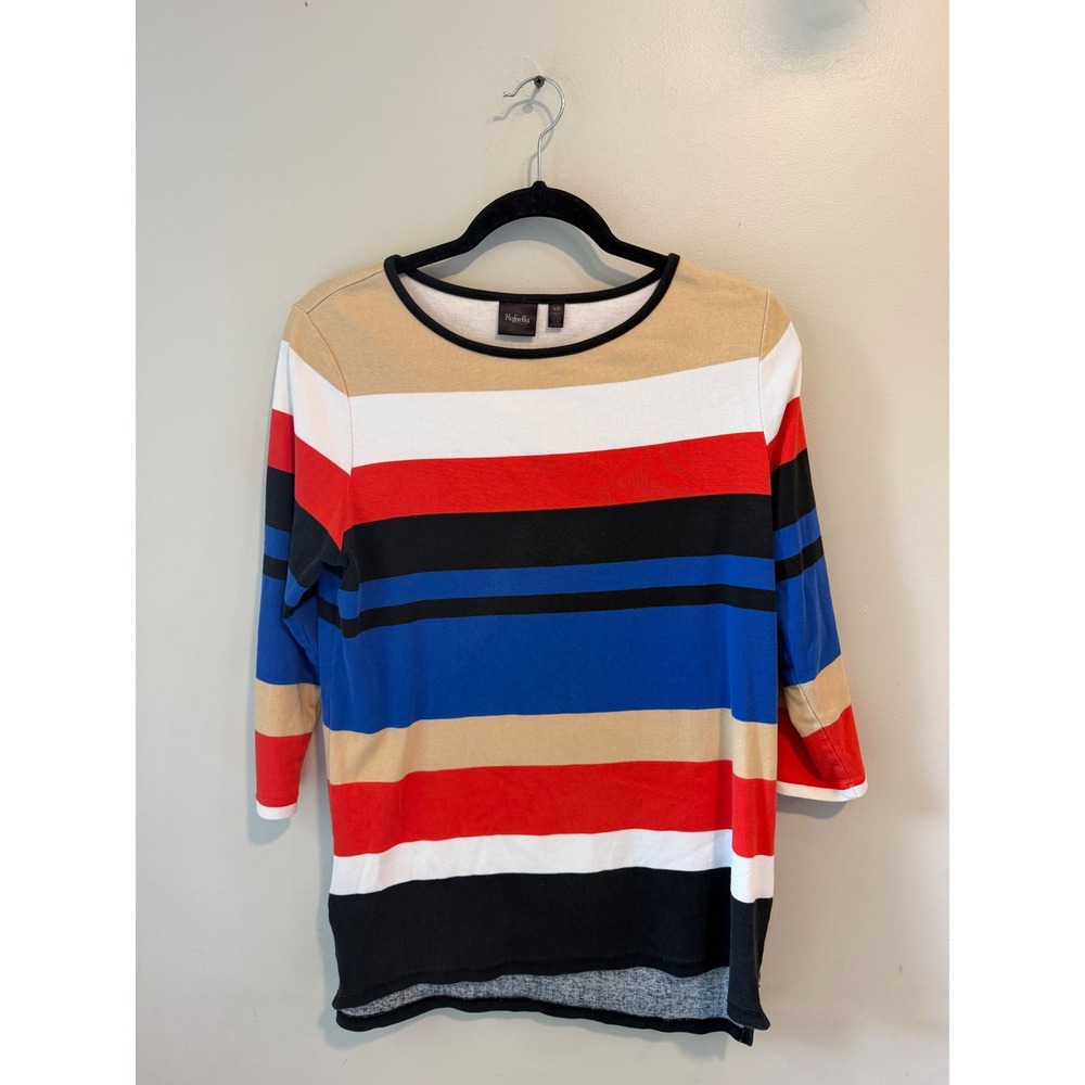 Rafaella Womens Large Multi Color Striped 3/4 Sleeve Side Zip Top Knit Shirt